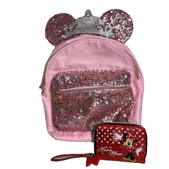 Disney Cruise Line Minnie Ears Sequin Pink Backpack Bibbidi Bobbidi BONUS Wallet - Picture 1 of 16